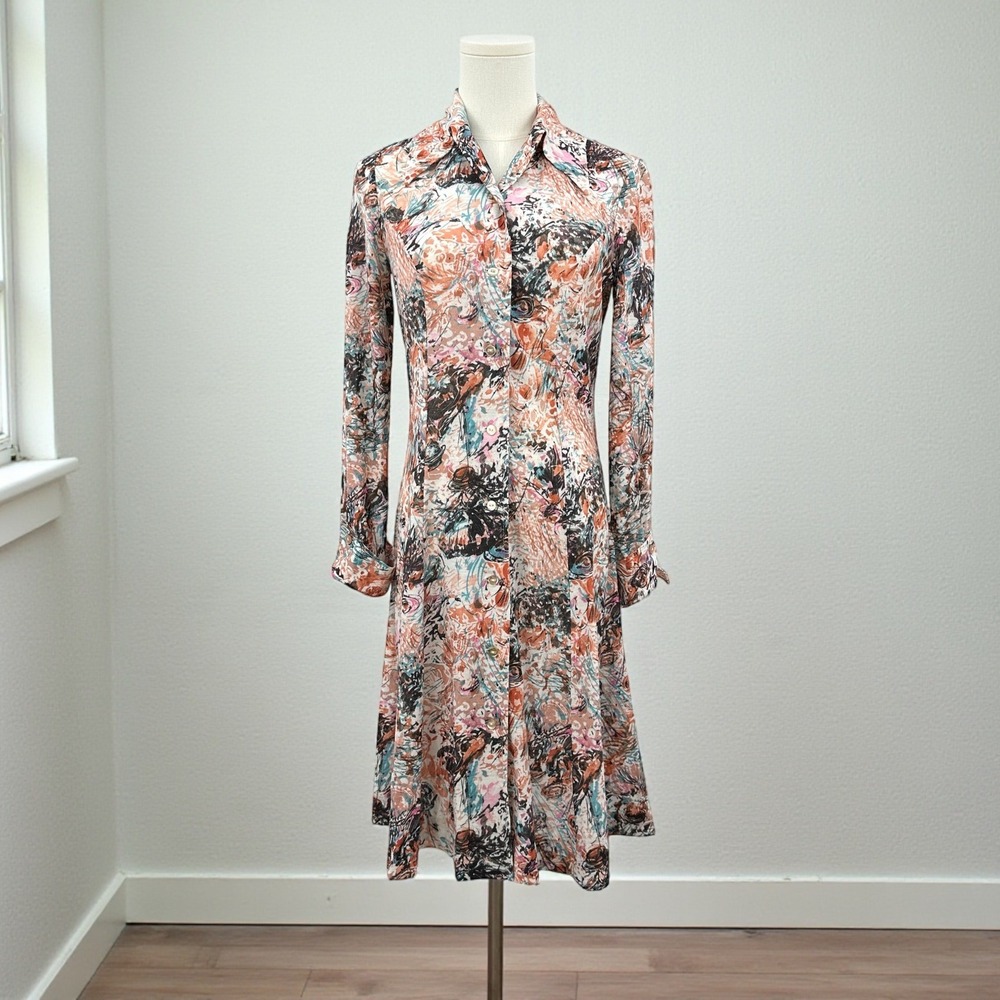 VTG 1970s Abstract Print Shirt Dress Size Small Earthy Eclectic‎ Boho Modern